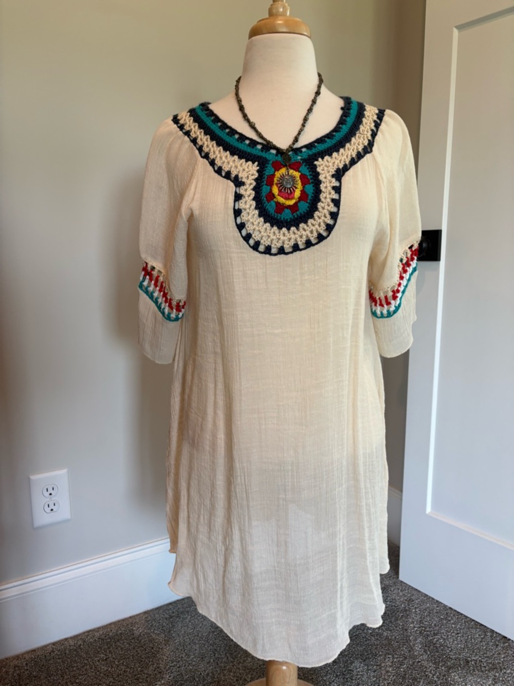 Boho Crochet-Trim Ivory Tunic Beachwear/Cover Up